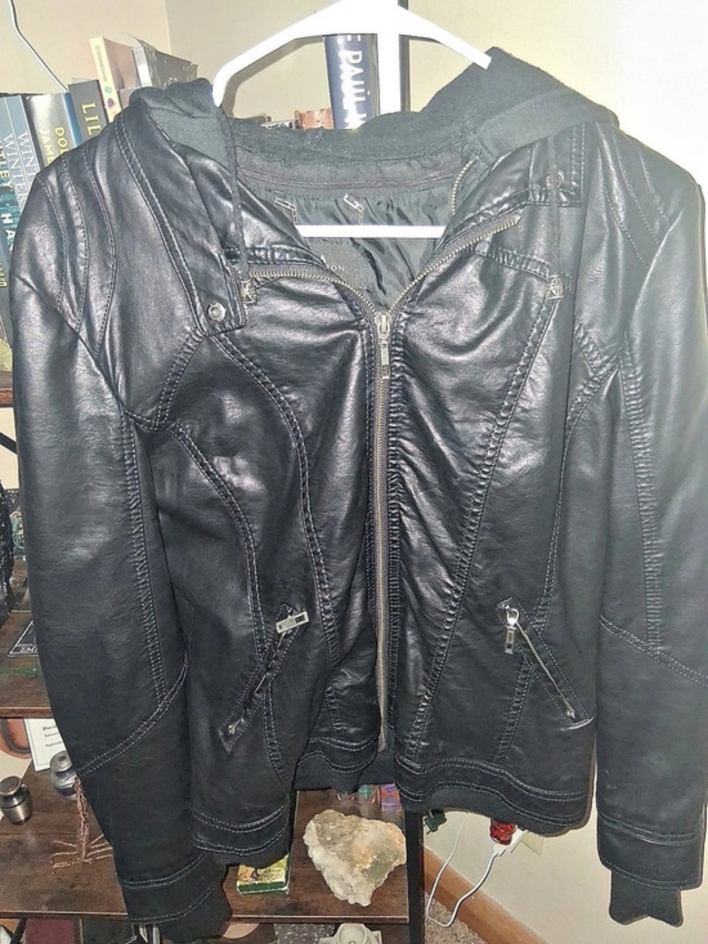 Coalition LA Black Faux Leather Hooded Moto Jacket